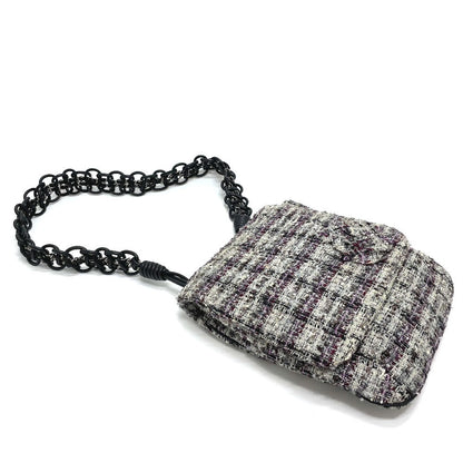 Chanel Shoulder Bag Tweed Gray Camelia Flap Women