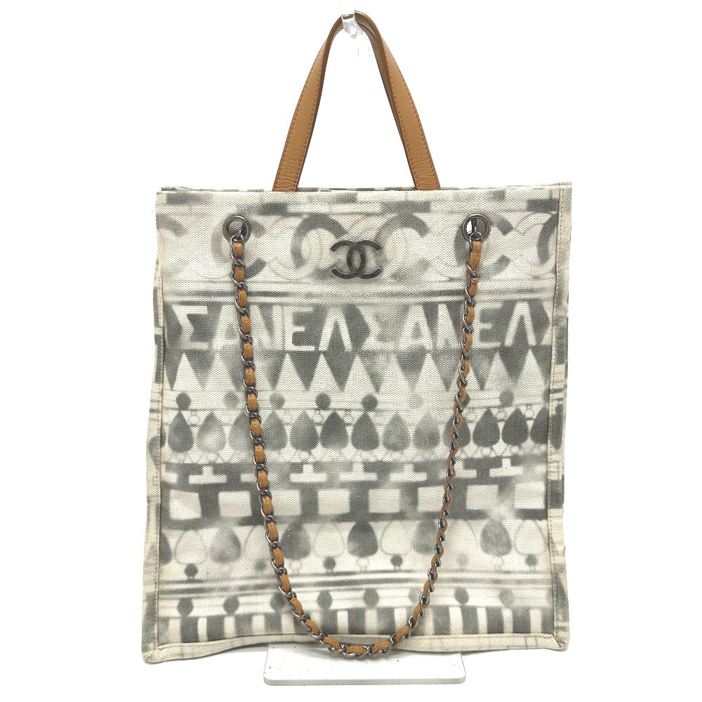 Chanel Shoulder Bag Canvas / Leather Beige Cc Coco Mark Icon Shopping Tote Women