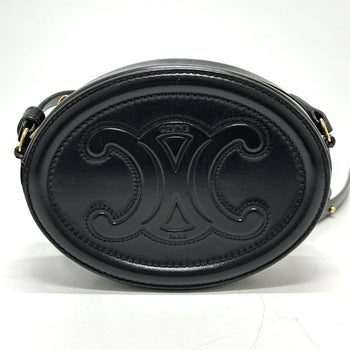 Celine Shoulder Bag Leather Black Triomphe Oval Purse Cuir Women