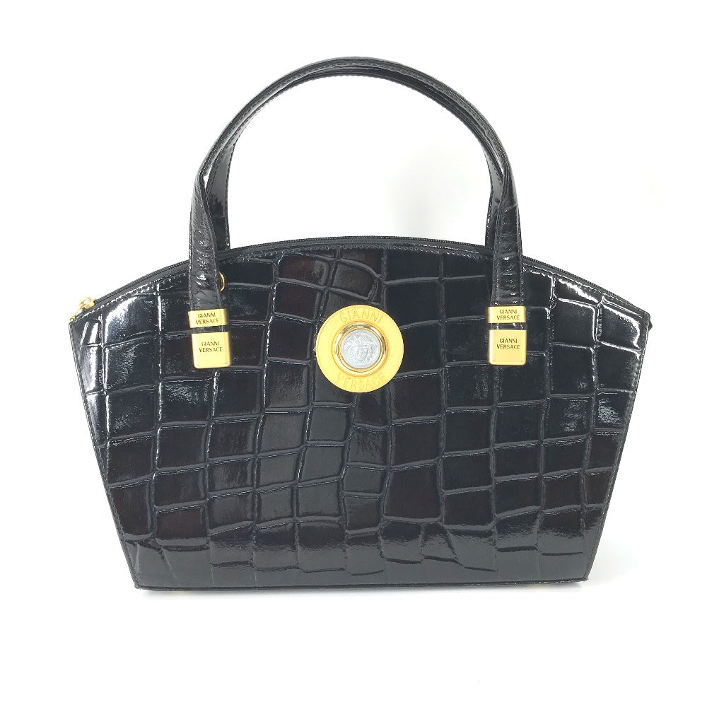 Versace Handbag Leather Black Vintage Embossed Medusa Logo Women