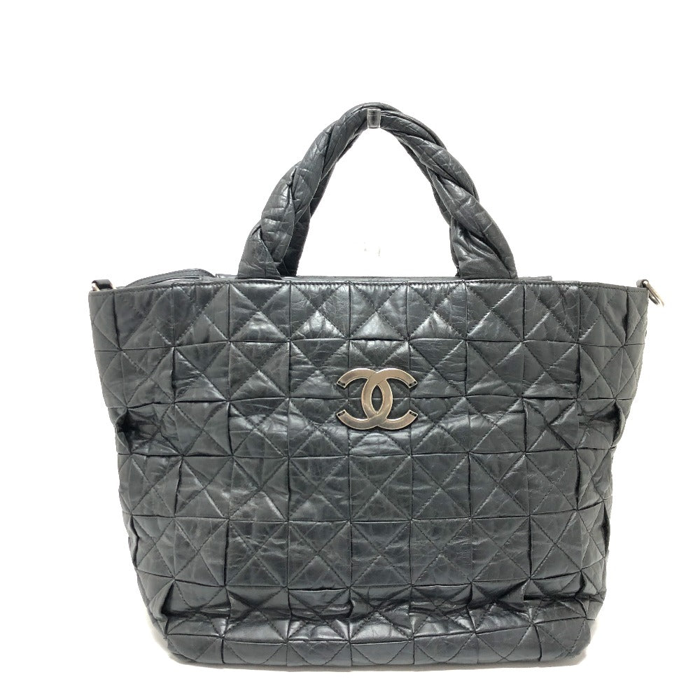 Chanel Tote Bag Leather Black Woven Shoulder Bag Cc Coco Mark Quilting Women