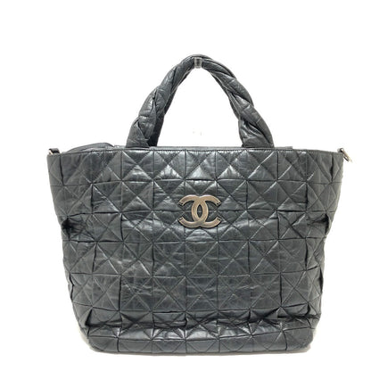 Chanel Tote Bag Leather Black Woven Shoulder Bag Cc Coco Mark Quilting Women