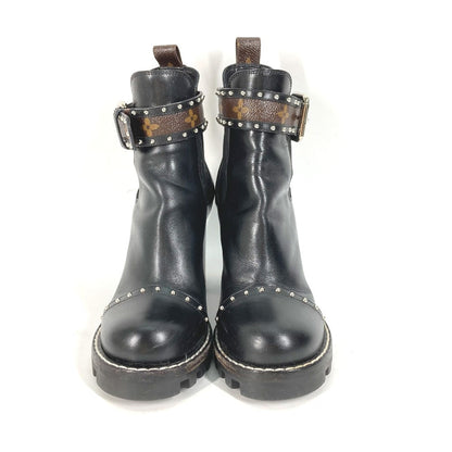 Louis Vuitton Boots Leather Black Monogram Studs Women 37