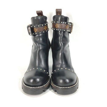 Louis Vuitton Boots Leather Black Monogram Studs Women 37