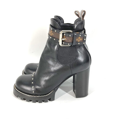 Louis Vuitton Boots Leather Black Monogram Studs Women 37