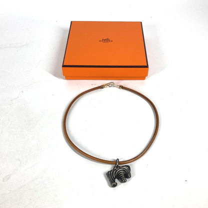 Hermes Necklace Leather Silver Animal Zebra Choker Women