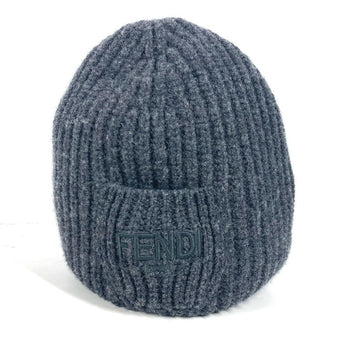 Fendi Knit Hat Fxq959 Wool Gray Logo With Pocket Unisex(Unisex)