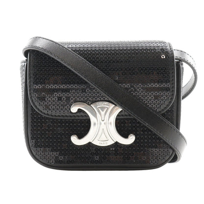 Celine Shoulder Bag Leather, Sequins Black 2-Way Clutch Mini Triomphe Women