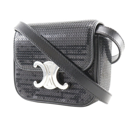 Celine Shoulder Bag Leather, Sequins Black 2-Way Clutch Mini Triomphe Women