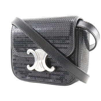 Celine Shoulder Bag Leather, Sequins Black 2-Way Clutch Mini Triomphe Women