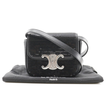 Celine Shoulder Bag Leather, Sequins Black 2-Way Clutch Mini Triomphe Women