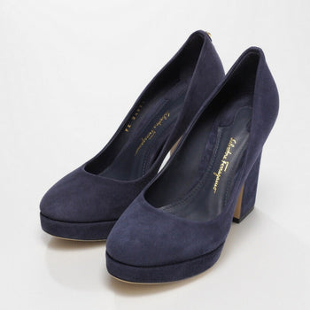 Salvatore Ferragamo Pumps Suede Navy Metal Heel (Gancini Motif)