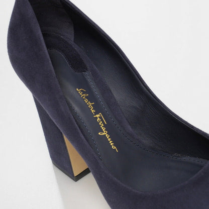 Salvatore Ferragamo Pumps Suede Navy Metal Heel (Gancini Motif)