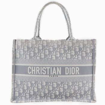 Christian Dior Tote Bag Cotton Light Gray Embroidery Oblique Book Tote Medium Women
