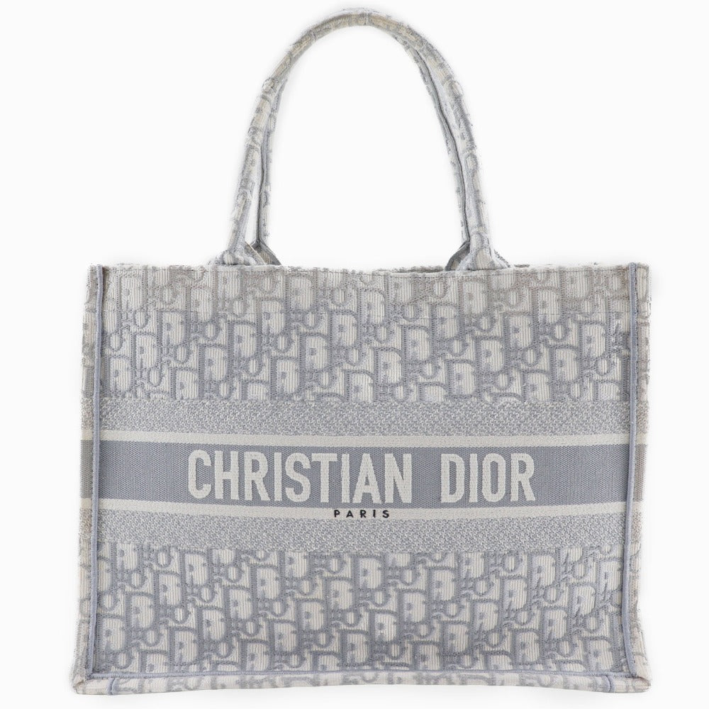 Christian Dior Tote Bag Cotton Light Gray Embroidery Oblique Book Tote Medium Women