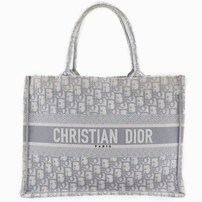 Christian Dior Tote Bag Cotton Light Gray Embroidery Oblique Book Tote Medium Women