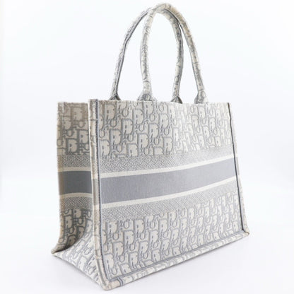 Christian Dior Tote Bag Cotton Light Gray Embroidery Oblique Book Tote Medium Women