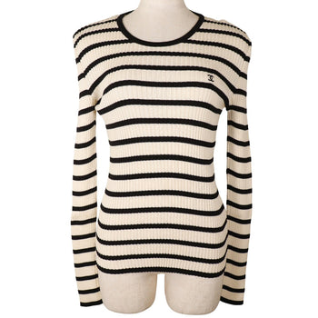 Chanel Sweater P10238V00445 Cotton White / Black 98P Border Coco Mark Women 44