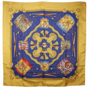 Hermes Scarf Silk Blue Les Tambours Tambour Drums Carre90 Women