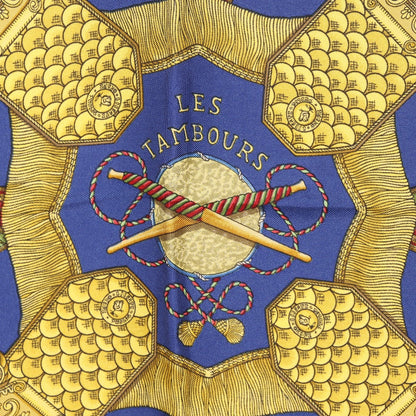 Hermes Scarf Silk Blue Les Tambours Tambour Drums Carre90 Women