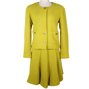 Chanel Suit Wool Yellowish Green Coco Mark Button Jacket And Flared Skirt Women 36