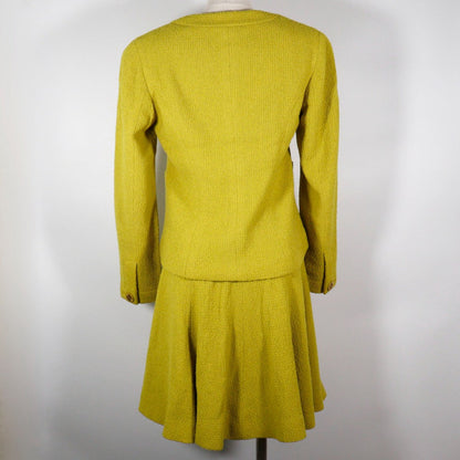 Chanel Suit Wool Yellowish Green Coco Mark Button Jacket And Flared Skirt Women 36