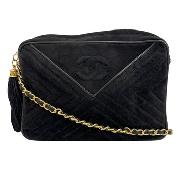 Chanel Shoulder Bag Suede Black Vstitch Chainshoulder Women