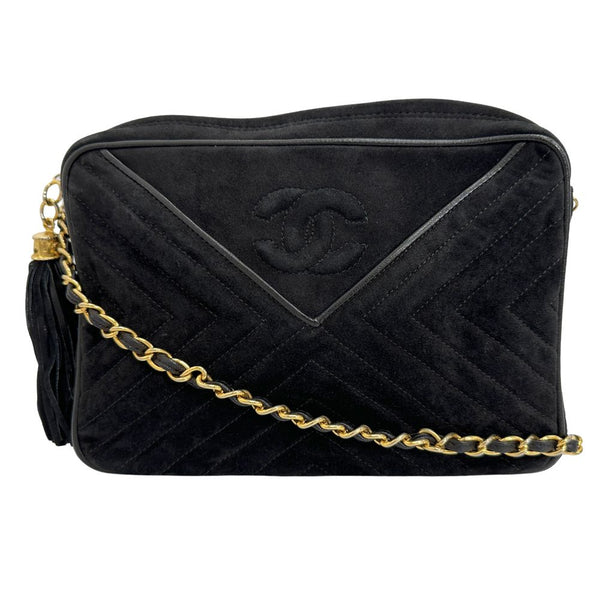 Chanel Shoulder Bag Suede Black Vstitch Chainshoulder Women