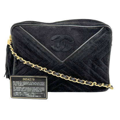 Chanel Shoulder Bag Suede Black Vstitch Chainshoulder Women