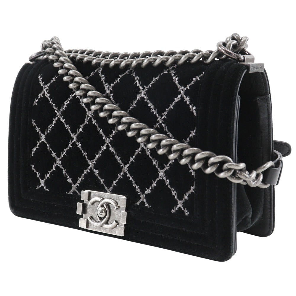 Chanel Shoulder Bag Velour, Leather Black Matelasse Stitch Chainshoulder Boy Chanel 25 Women