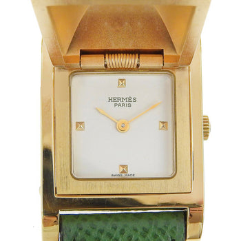 Hermes Watches Quartz Plated Gold , Leather Green Medor White Dial Women
