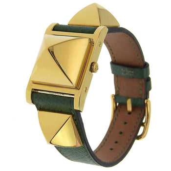 Hermes Watches Quartz Plated Gold , Leather Green Medor White Dial Women