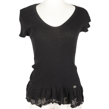Chanel Knit P28461K00111 06P Cotton, Nylon Black Summer Knit Coco Mark Short Sleeve Women 38