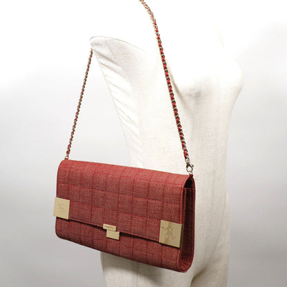 Chanel Shoulder Bag Cotton Canvas Red Chocolate Bar Line Chainshoulder Women