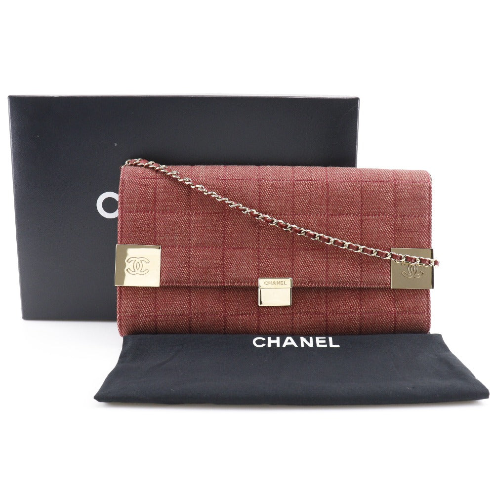 Chanel Shoulder Bag Cotton Canvas Red Chocolate Bar Line Chainshoulder Women