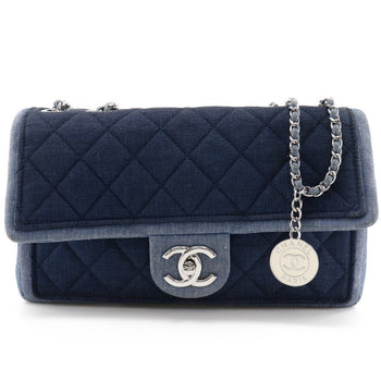 Chanel Shoulder Bag Denim Blue Double Chain Matrasse Chainshoulder Women