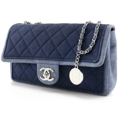 Chanel Shoulder Bag Denim Blue Double Chain Matrasse Chainshoulder Women