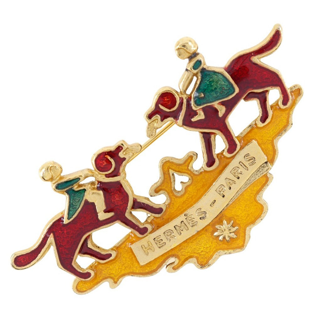 Hermes Brooch Plated Gold Wine-Red Cloisonne Dog And Girl Women