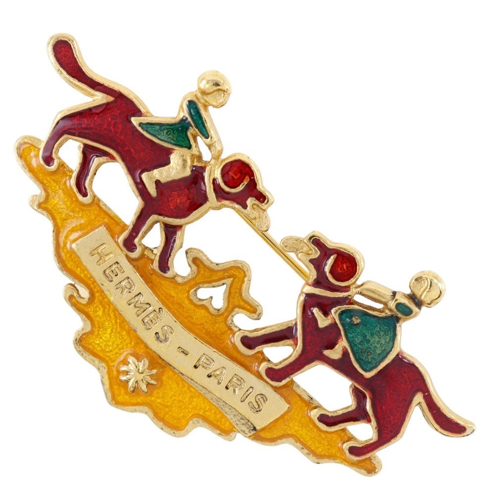 Hermes Brooch Plated Gold Wine-Red Cloisonne Dog And Girl Women