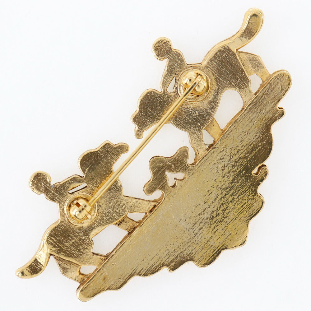 Hermes Brooch Plated Gold Wine-Red Cloisonne Dog And Girl Women
