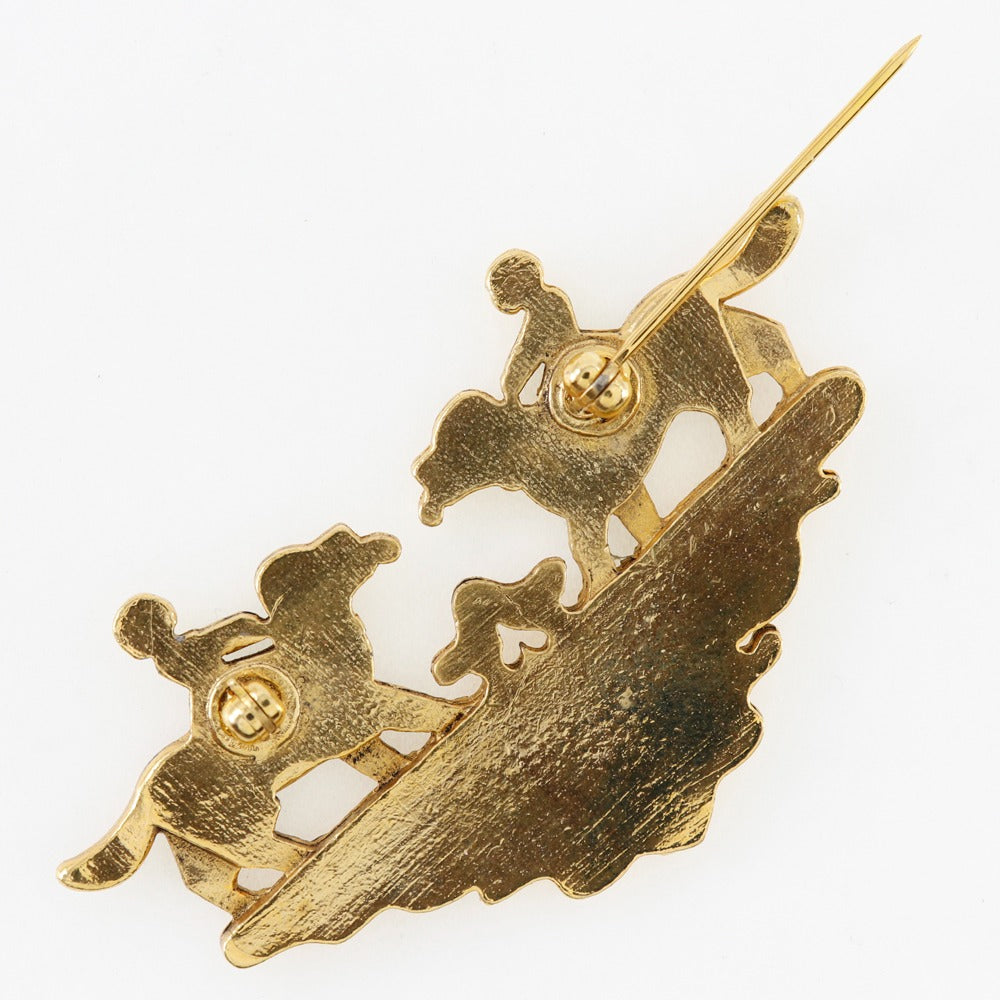 Hermes Brooch Plated Gold Wine-Red Cloisonne Dog And Girl Women
