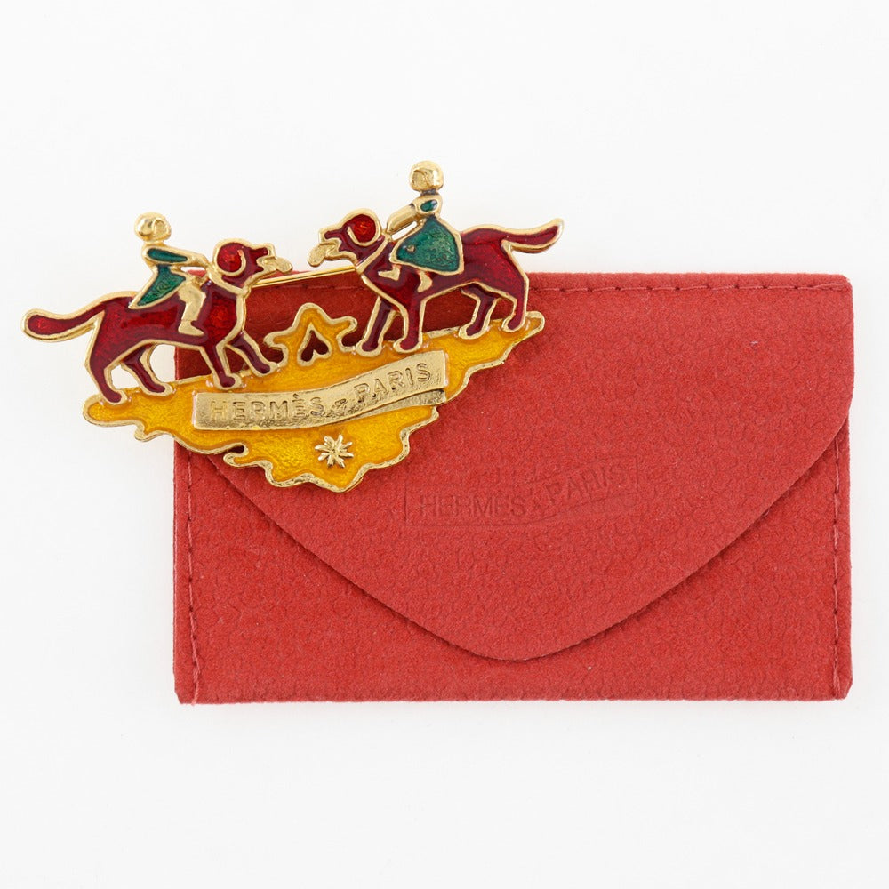 Hermes Brooch Plated Gold Wine-Red Cloisonne Dog And Girl Women