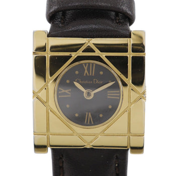 Dior Watches Quartz D82-150 Plated Gold, Embossed Leather Black Cannage Square Black Dial Women