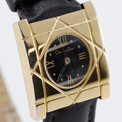 Dior Watches Quartz D82-150 Plated Gold, Embossed Leather Black Cannage Square Black Dial Women