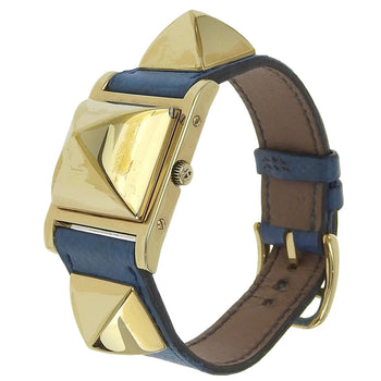 Hermes Watches Quartz Plated Gold , Leather Silver Medor White Dial Women