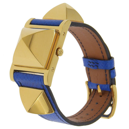 Hermes Watches Quartz Plated Gold, Embossed Leather Gold Medor White Dial Women