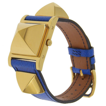 Hermes Watches Quartz Plated Gold, Embossed Leather Gold Medor White Dial Women