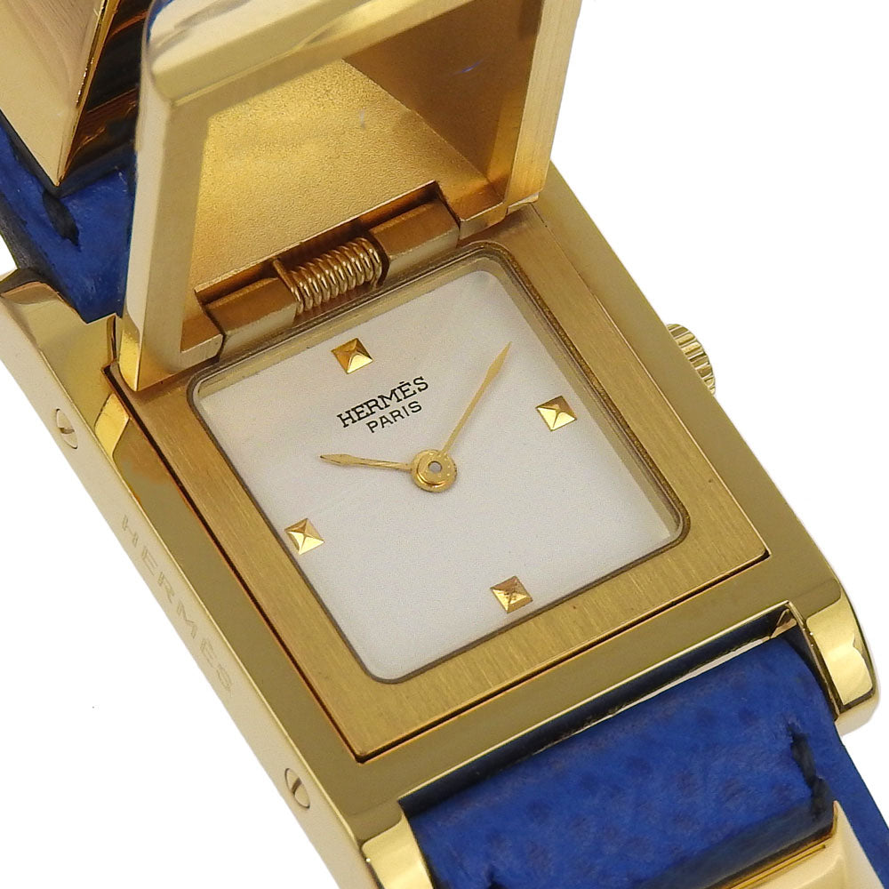Hermes Watches Quartz Plated Gold, Embossed Leather Gold Medor White Dial Women