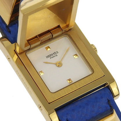 Hermes Watches Quartz Plated Gold, Embossed Leather Gold Medor White Dial Women