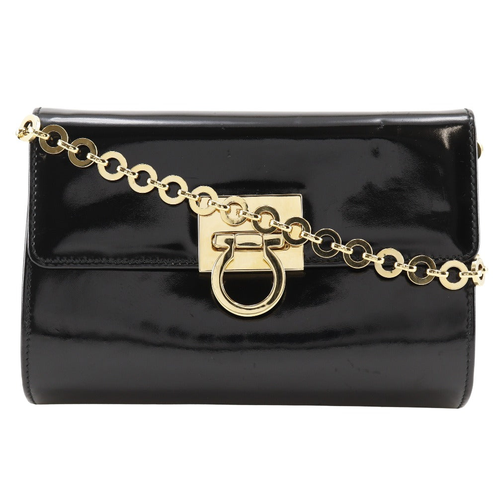 Salvatore Ferragamo Shoulder Bag Aq21-8752 Enamel Black 2-Way Clutch Gancini Chainshoulder Women